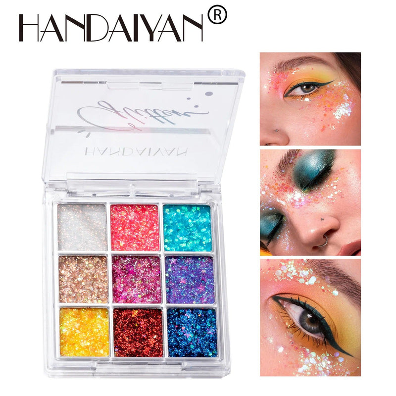 Paleta de Sombra Biodegradável HANDAIYAN - 9 Cores Luminosas para Looks Incríveis no Carnaval